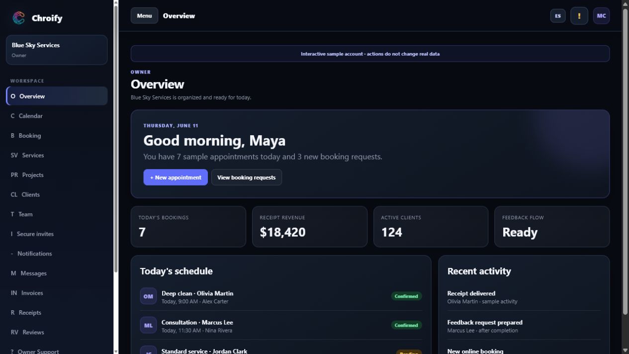 Chroify sample owner dashboard with service bookings, calendar activity, clients, and receipts